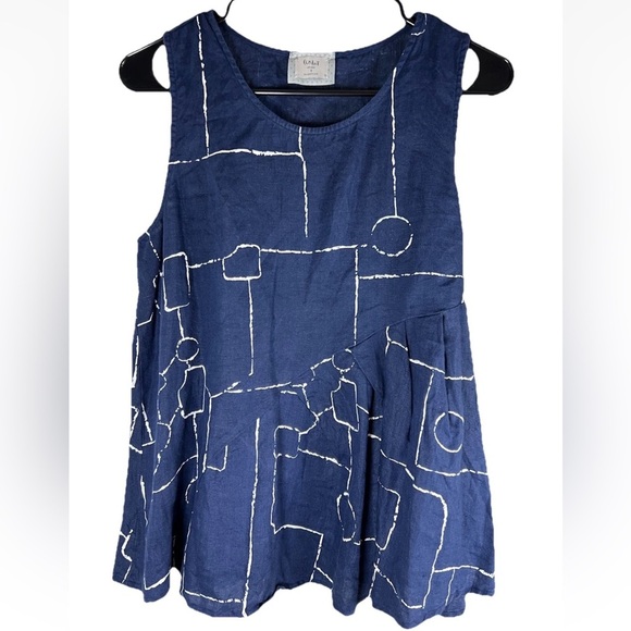 Chalet Et Ceci Tops - Chalet et Ceci Linen Tank Top S Blue White Abstract Geometric Artsy Lagenlook